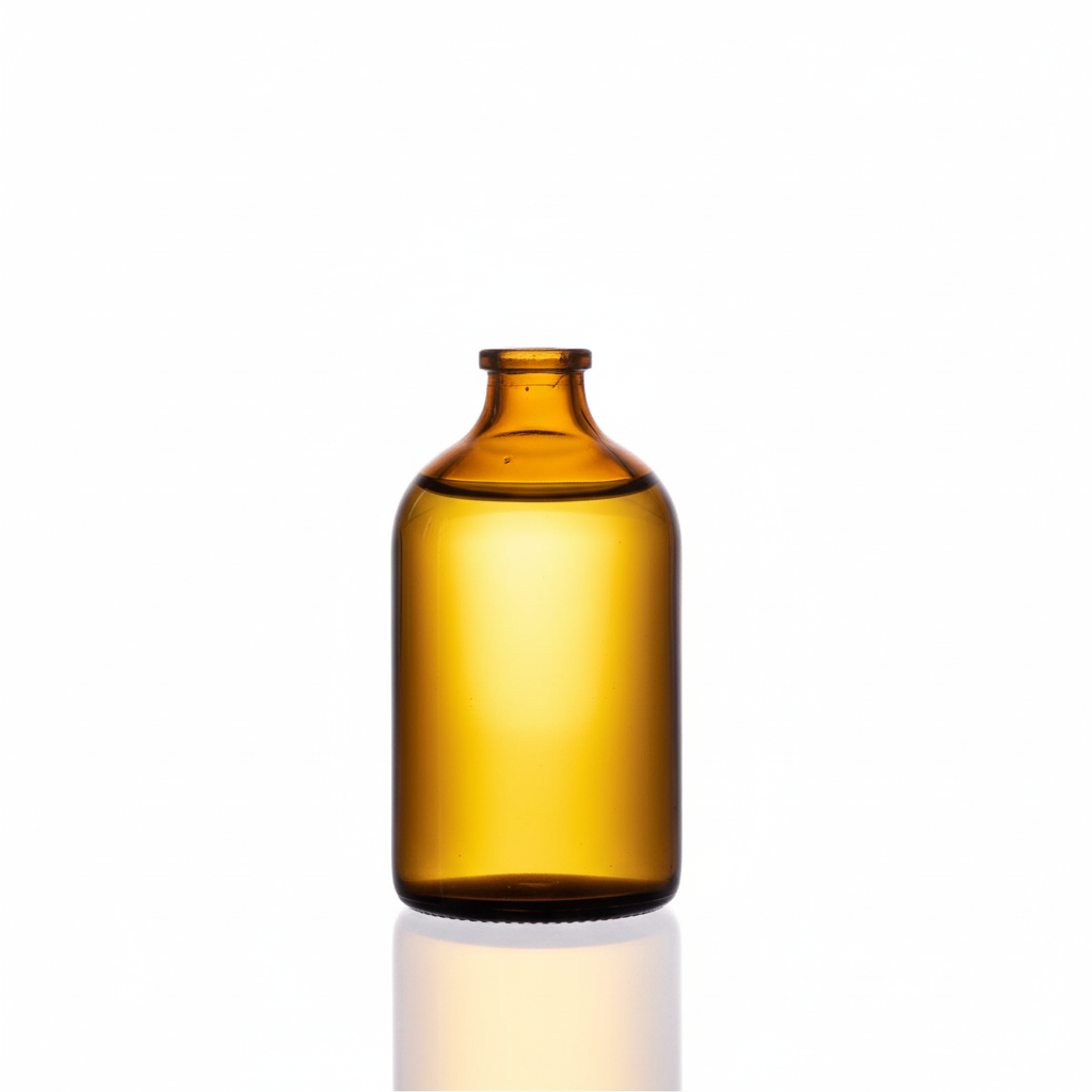 Envase de vidrio ámbar 50ml con líquido dorado, sin etiqueta