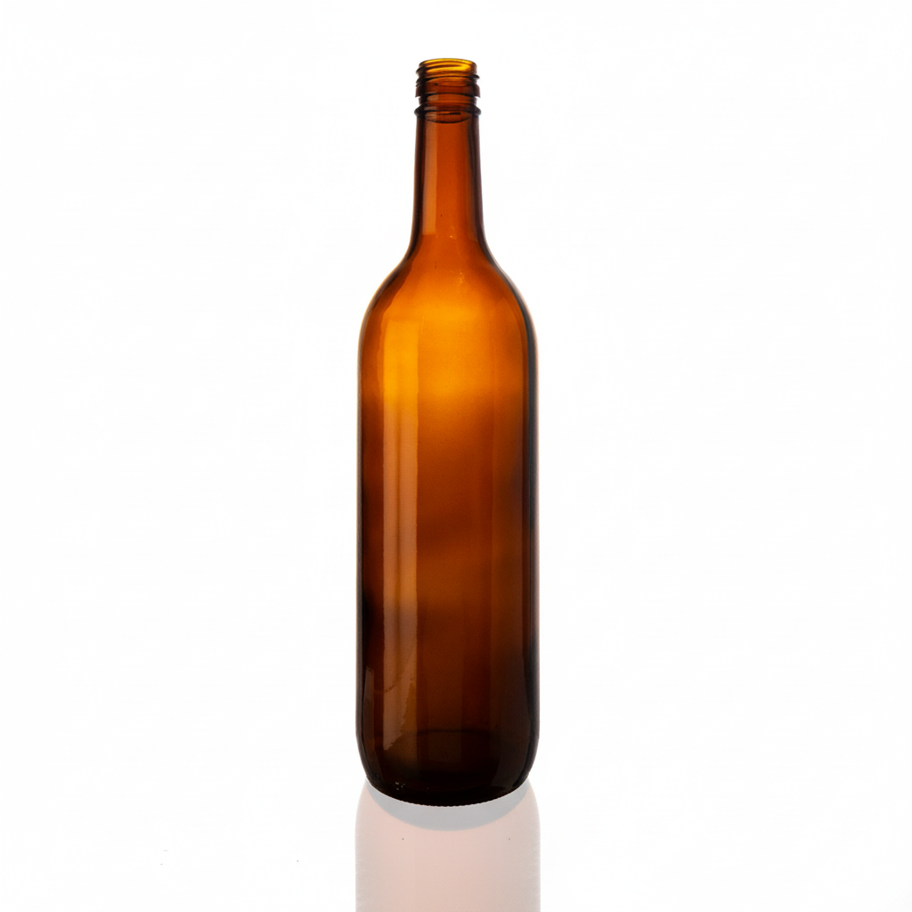 Botella de vidrio ámbar 2312 750ml con whisky dorado, sin etiqueta