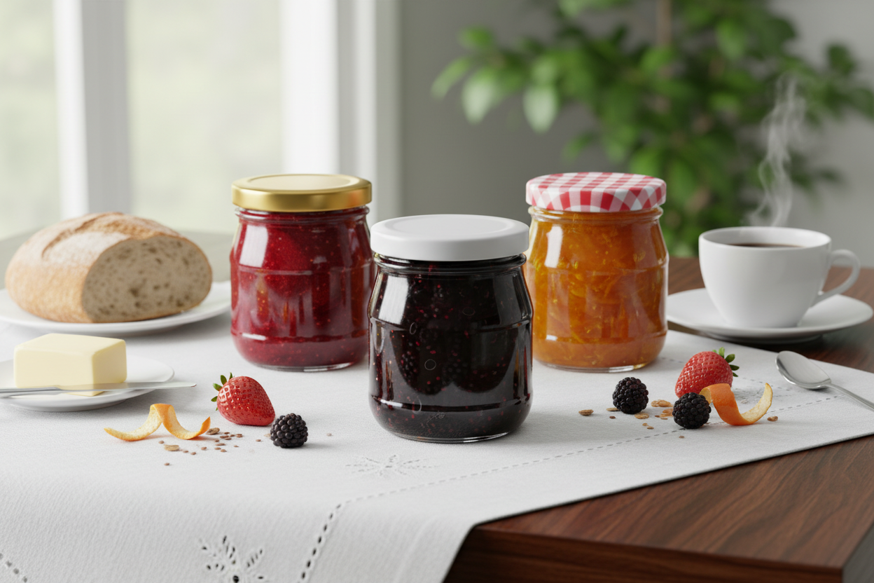 Mesa de desayuno elegante con mermeladas artesanales en envases de vidrio