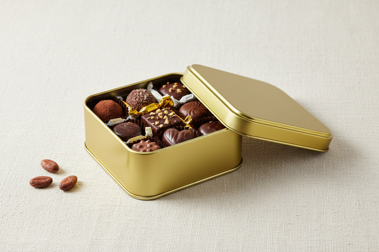 Caja metálica dorada abierta con chocolates artesanales y dulces en su interior — uso para alimentos gourmet