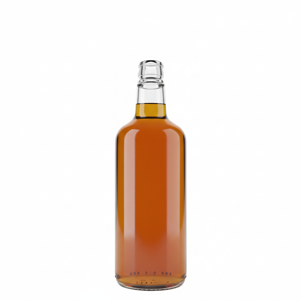 Botella de vidrio transparente 750ml con whisky dorado sin tapa
