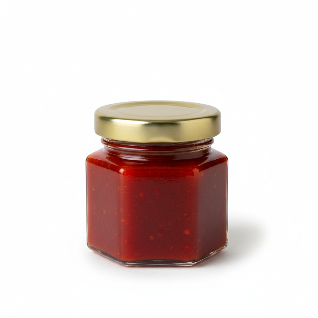 Frasco hexagonal 50ml con tapa Twist Off dorada y salsa picante