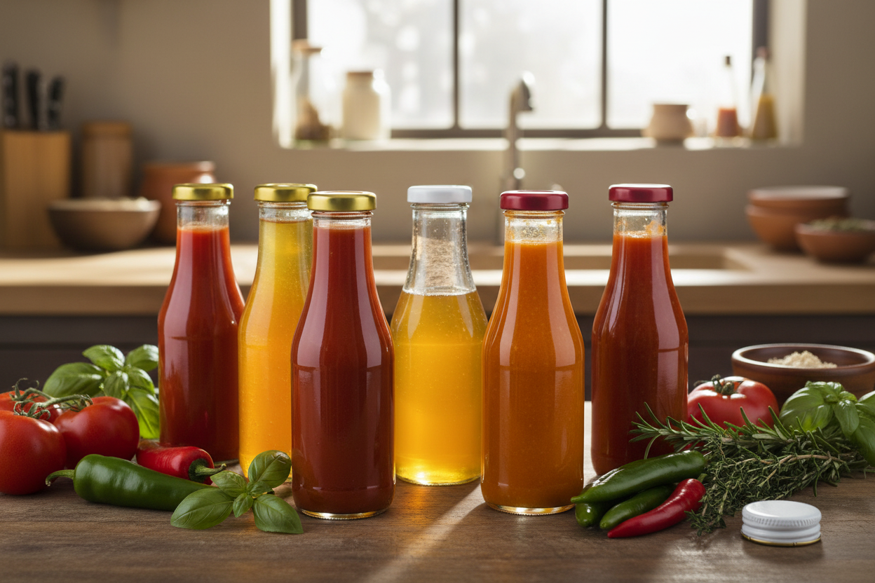 Botellas de vidrio con salsas y miel en cocina artesanal profesional