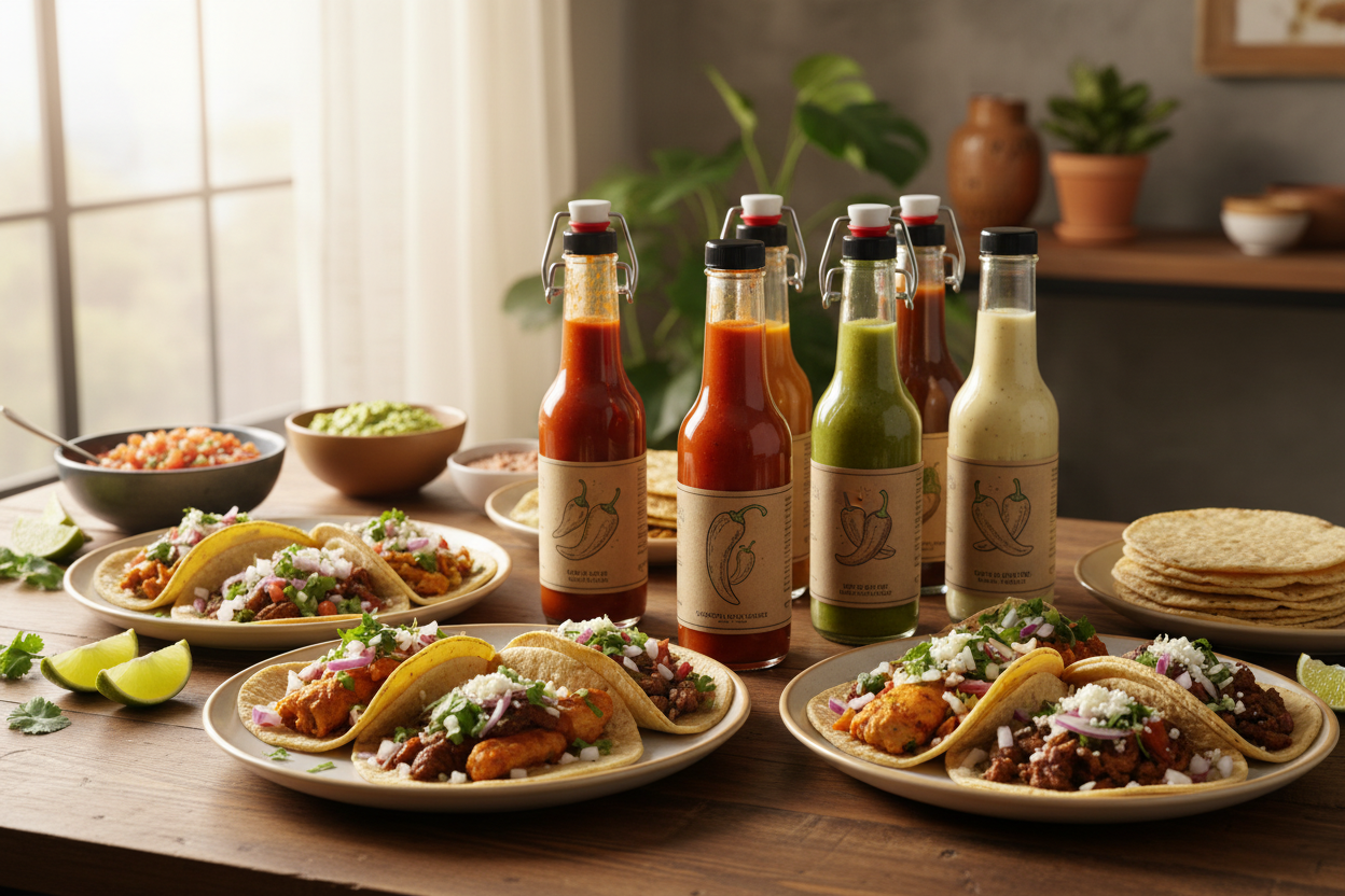 Mesa de comida con tacos y botellas de vidrio con salsas picantes