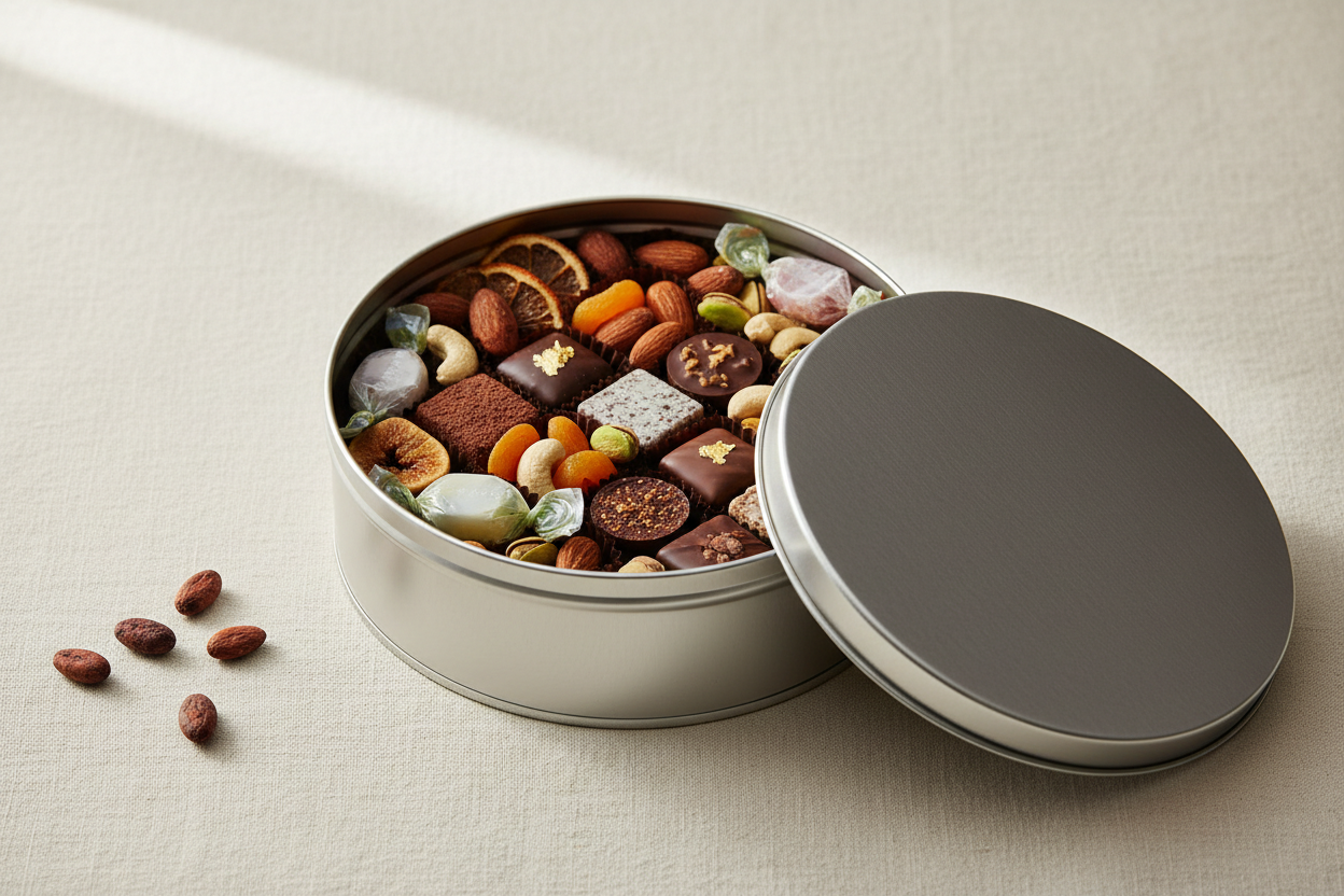 Caja metálica plateada abierta con chocolates artesanales, nueces y frutos secos — uso para alimentos gourmet