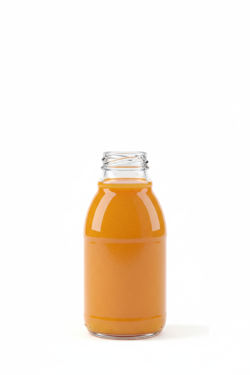 Botella de vidrio transparente 280ml llena con jugo de naranja natural