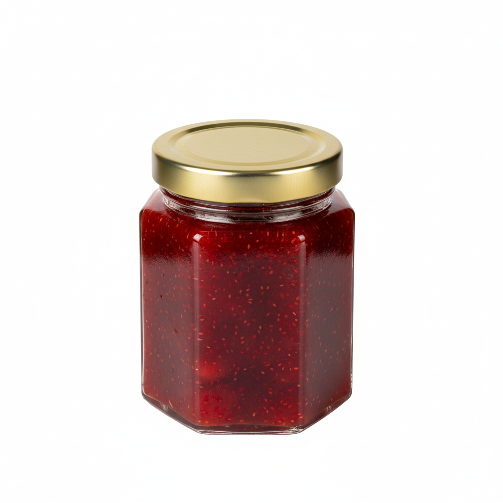 Envase de vidrio hexagonal 110ml con tapa metálica dorada Twist Off mostrando producto terminado