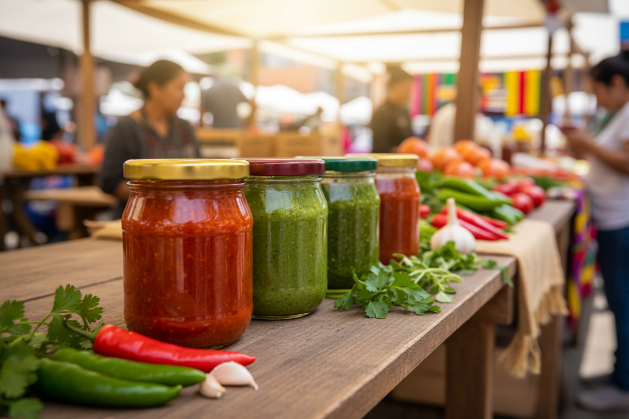 Envases con salsas artesanales en mercado profesional con tapas de colores