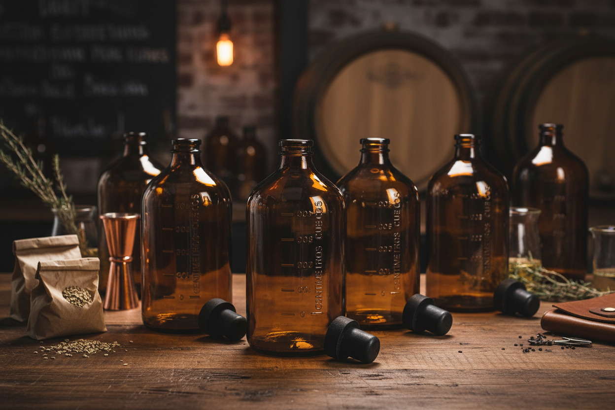 Envases de vidrio ámbar 645ml en contexto de bar y destilería artesanal
