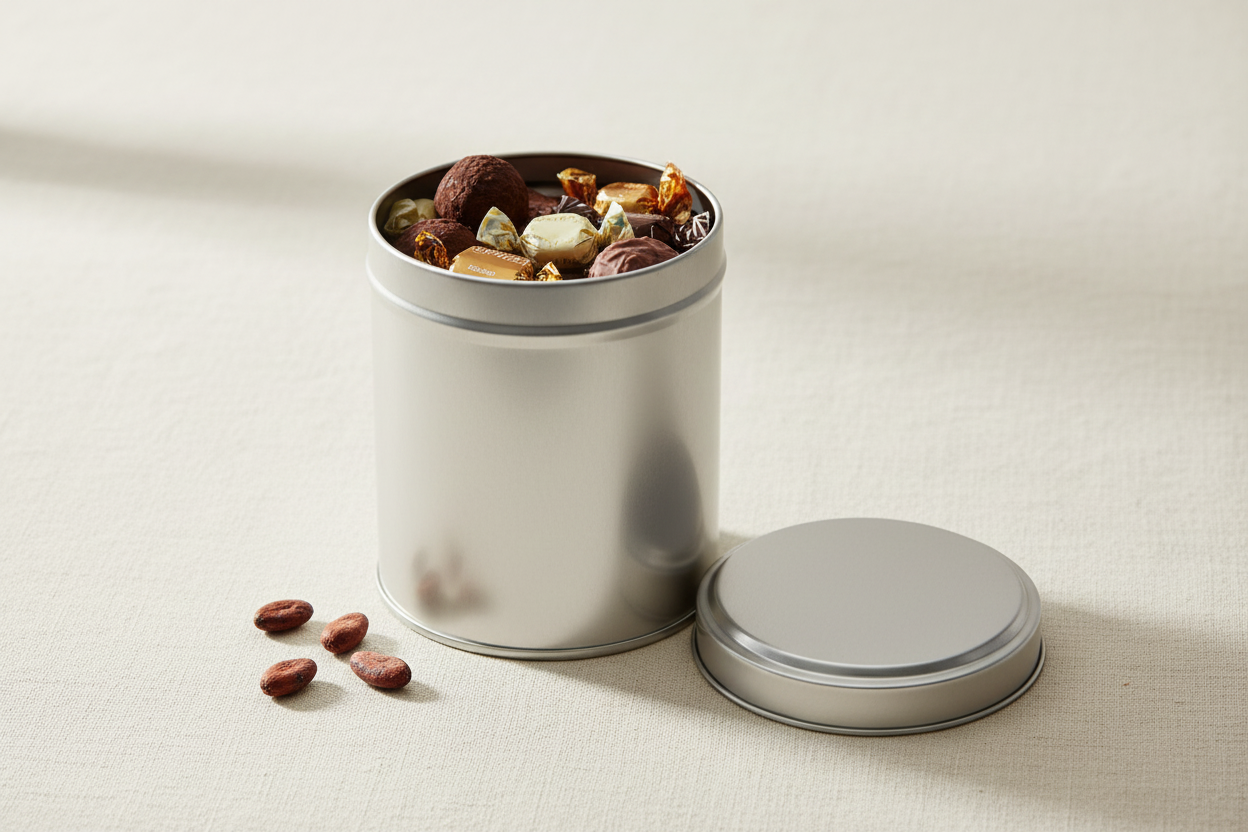 Caja metálica plateada alta abierta con chocolates artesanales y dulces — uso para alimentos gourmet