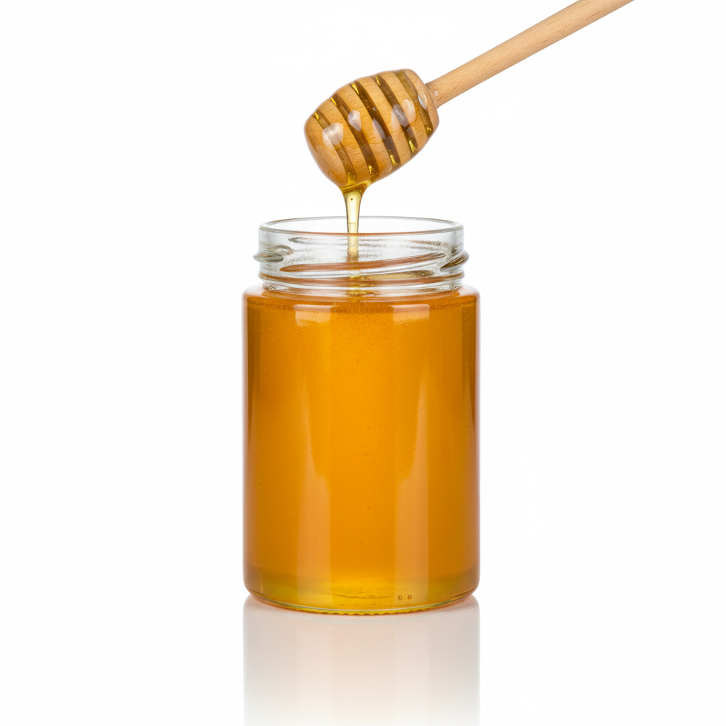 Frasco de vidrio 380ml transparente con miel mostrando uso final