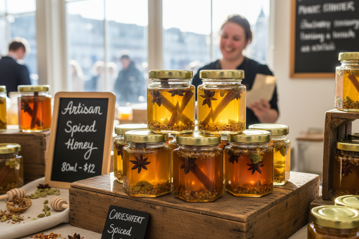 Frascos hexagonales pequeños con productos gourmet en mercado