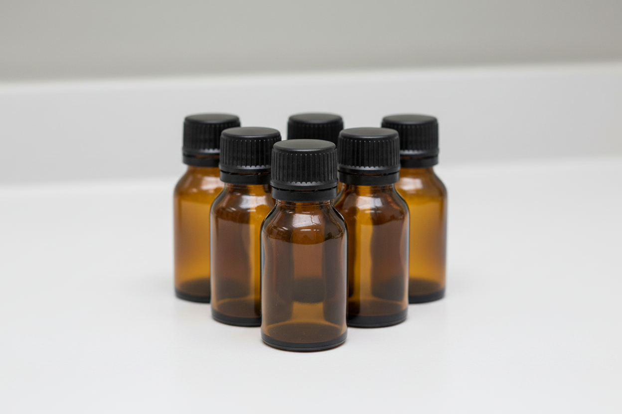 Envases de vidrio ámbar 30ml en contexto de laboratorio farmacéutico y cosmético