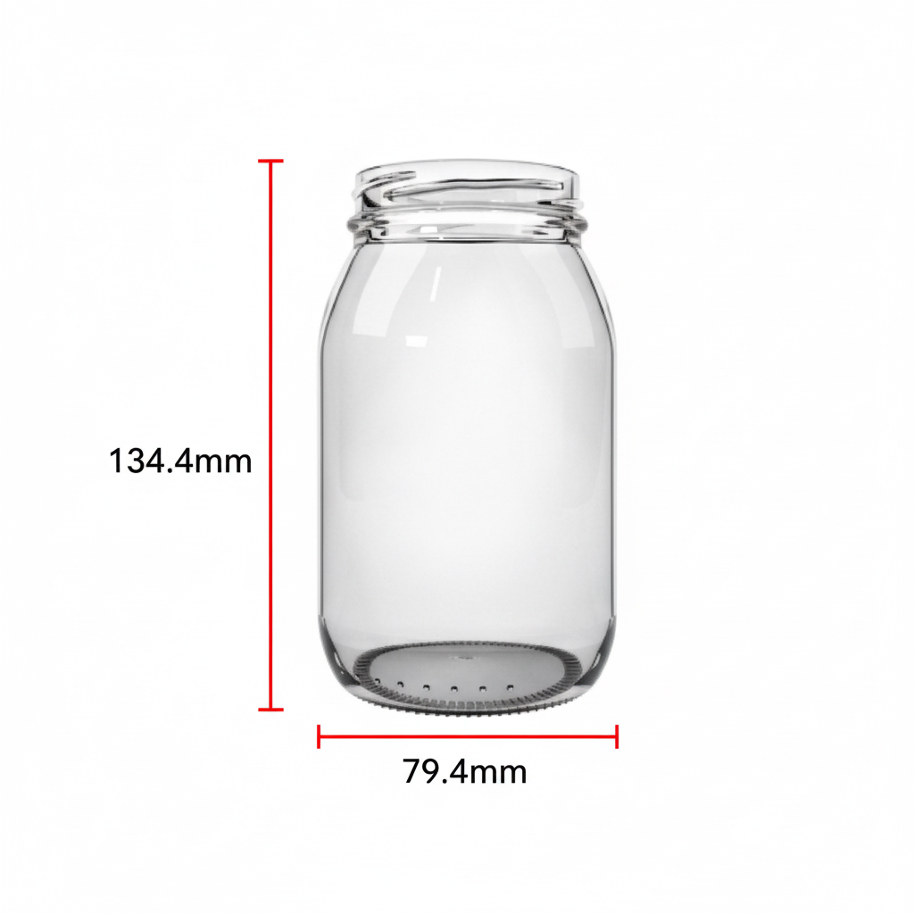 Dimensiones del frasco: 134.4mm alto × 79.4mm diámetro