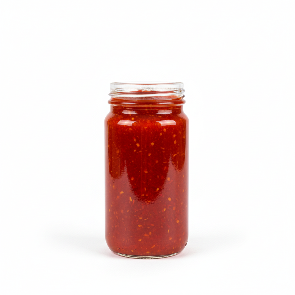 Envase de vidrio Flint 125ml con salsa de ají mostrando transparencia del vidrio