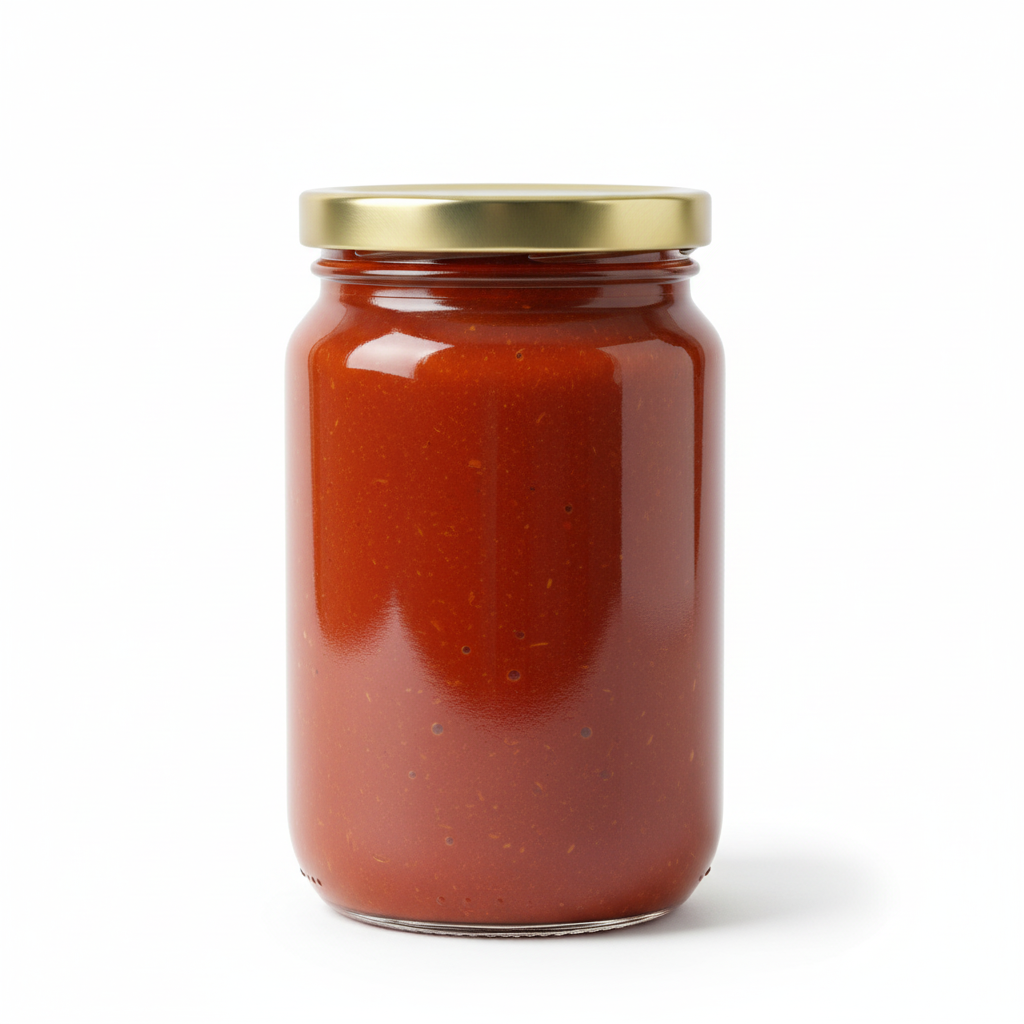 Envase de vidrio 370ml con tapa metálica dorada Twist Off mostrando producto terminado