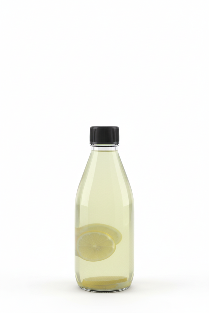 Botella de vidrio 280ml con agua saborizada y tapa plástica corta negra estriada