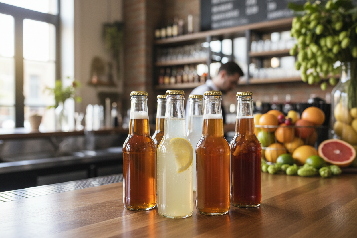 Botellas de vidrio con bebidas artesanales en bar o cervecería