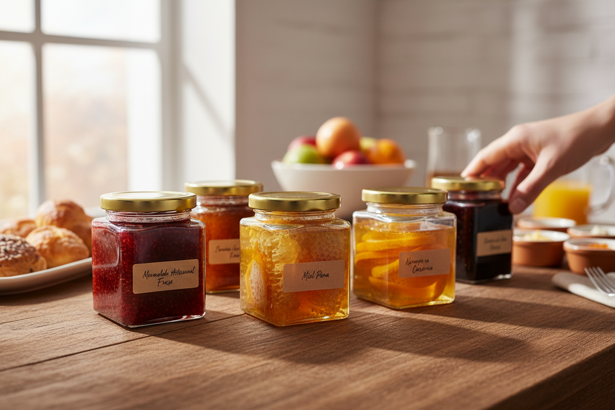 Frascos con mermeladas y conservas en mercado gourmet