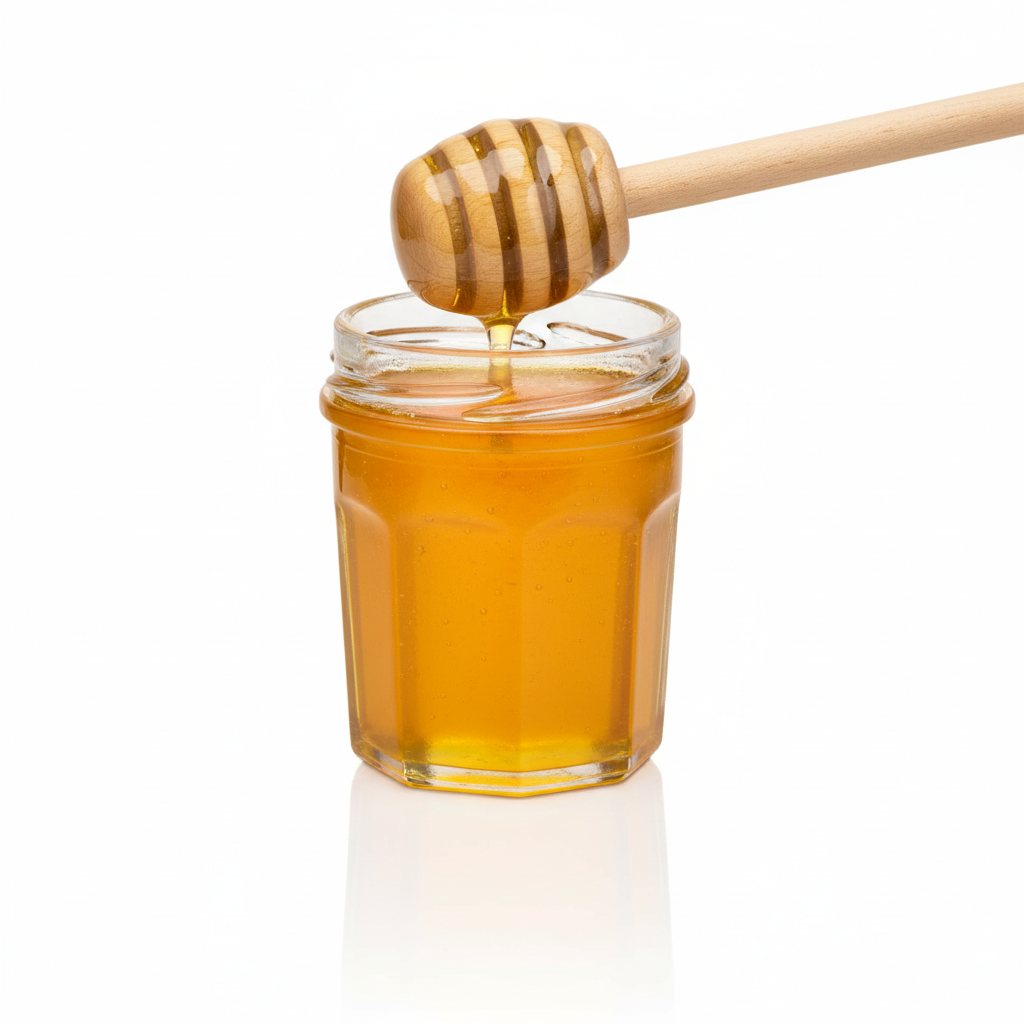 Frasco mini 30ml con miel mostrando uso final