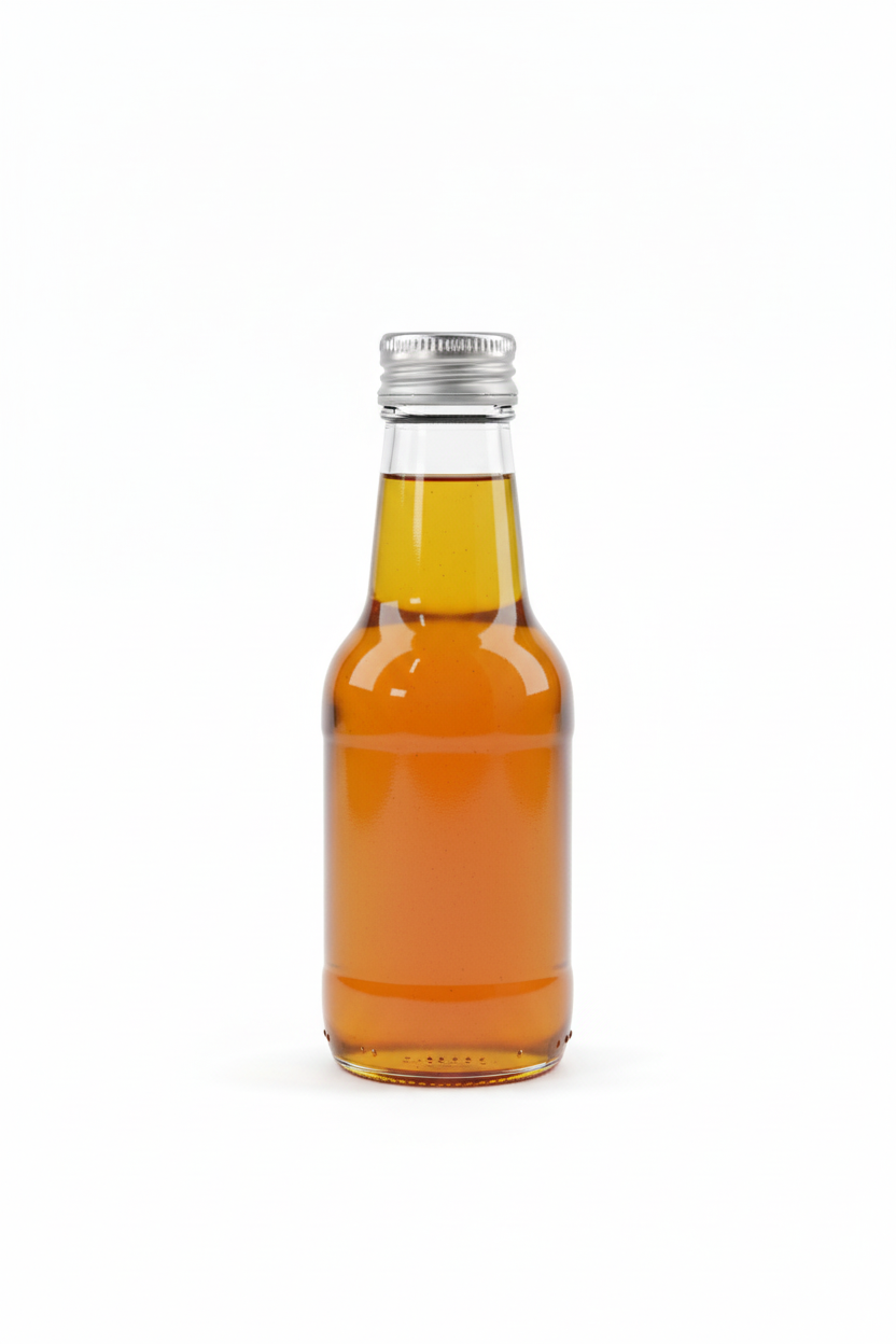 Botella de vidrio 90ml con miel y tapa metálica de rosca plateada