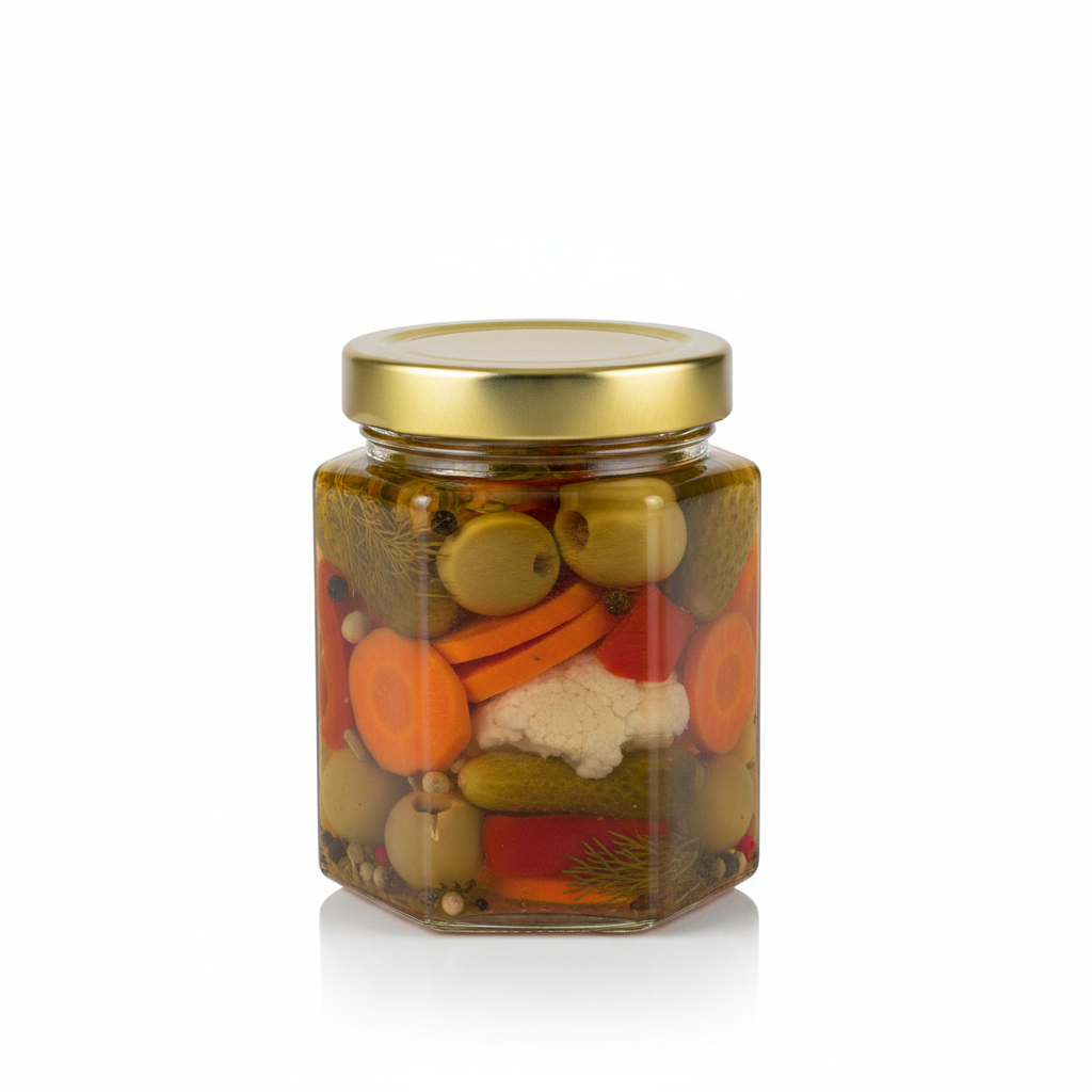 Frasco hexagonal 180ml con tapa Twist Off dorada y encurtidos