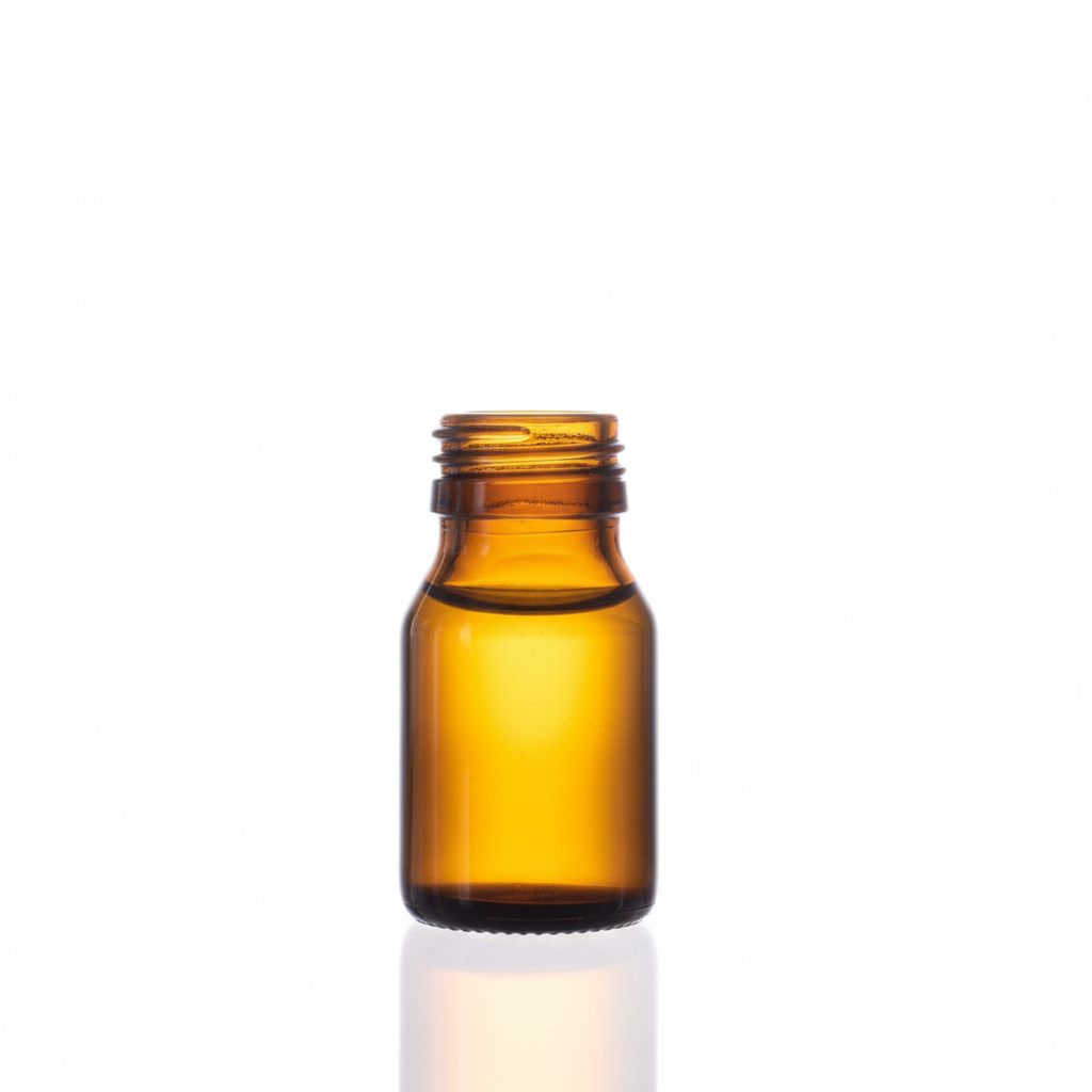 Envase de vidrio ámbar 30ml con líquido dorado, sin etiqueta
