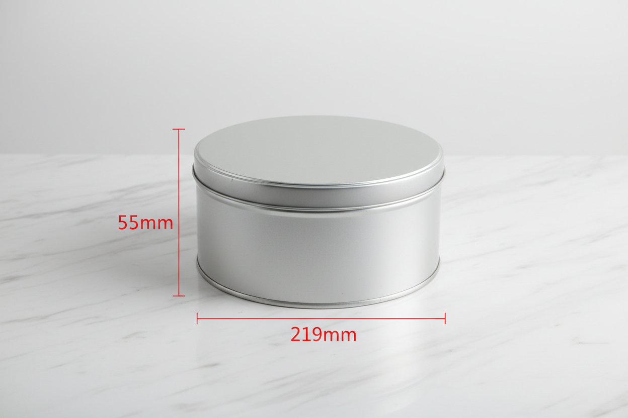 Caja metálica redonda 219mm diámetro x 55mm alto con guías de medidas externas en rojo — dimensiones exactas
