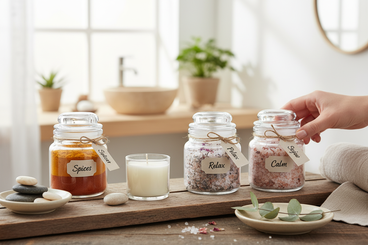 Frascos con tapa de vidrio en boutique o spa