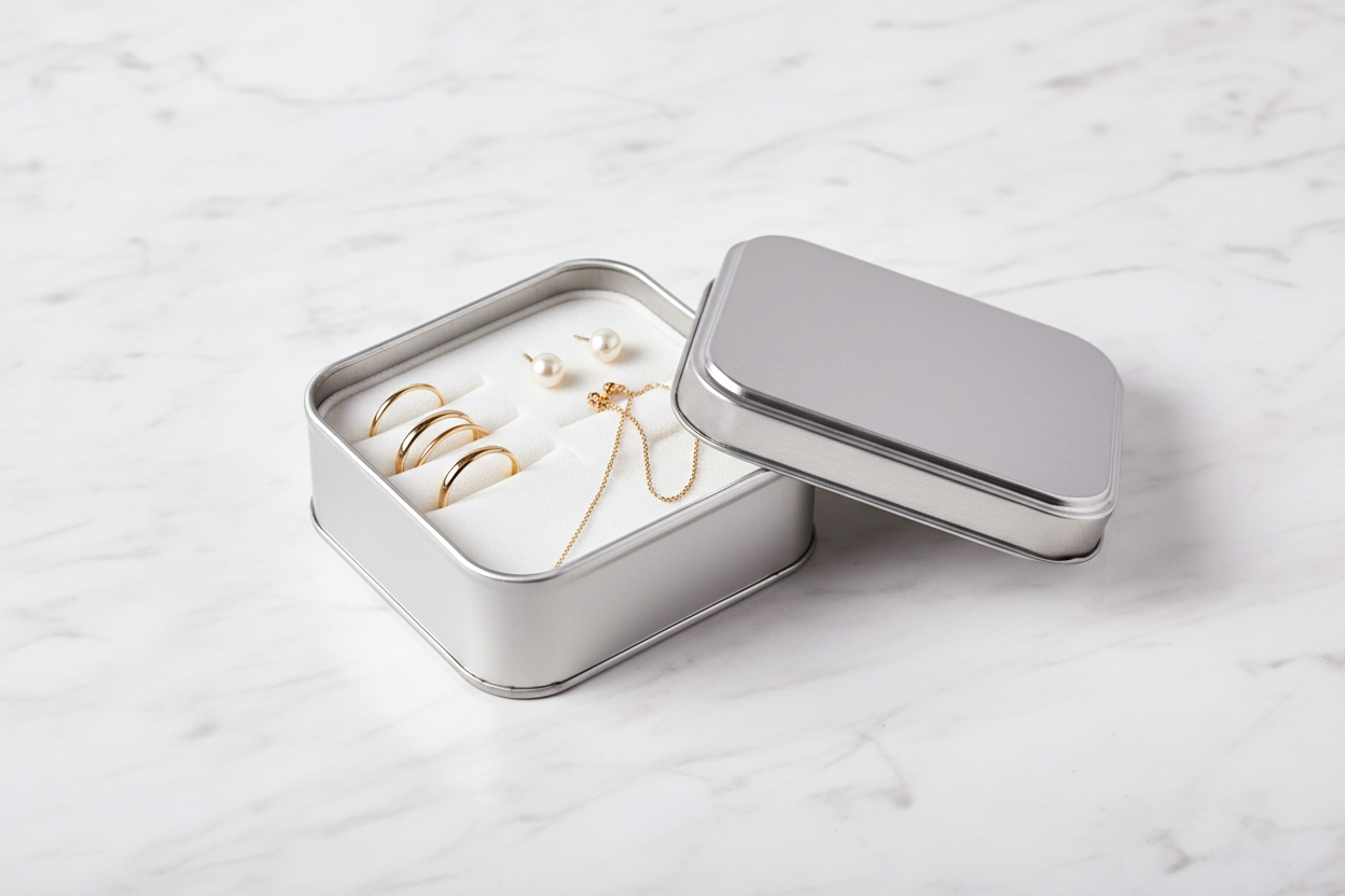 Caja metálica plateada abierta con joyería — anillos, aretes y cadena sobre inserto de terciopelo blanco