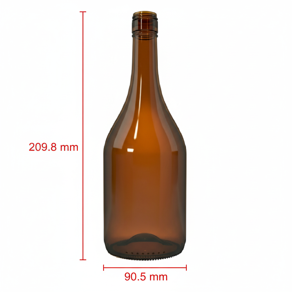 Dimensiones botella ámbar 750ml: 209.8 × 90.5 mm