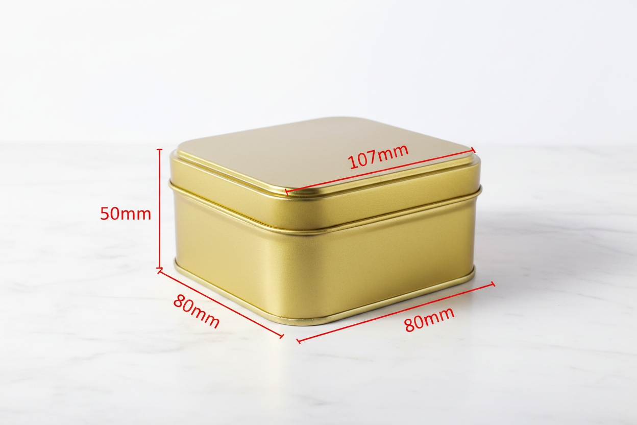 Caja metálica 107x80x50 mm con guías de medidas externas en rojo — dimensiones exactas
