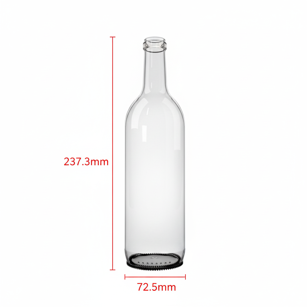 Dimensiones botella de vidrio 2312 750ml: alto 237.3mm x diámetro 72.5mm