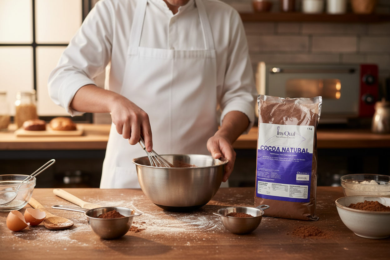 Cocoa en polvo en contexto de repostería profesional