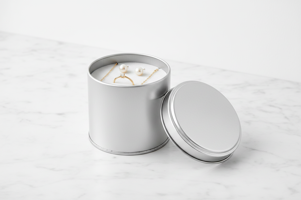 Caja metálica plateada abierta con joyería — anillo, aretes de perla y pulsera sobre inserto de terciopelo blanco