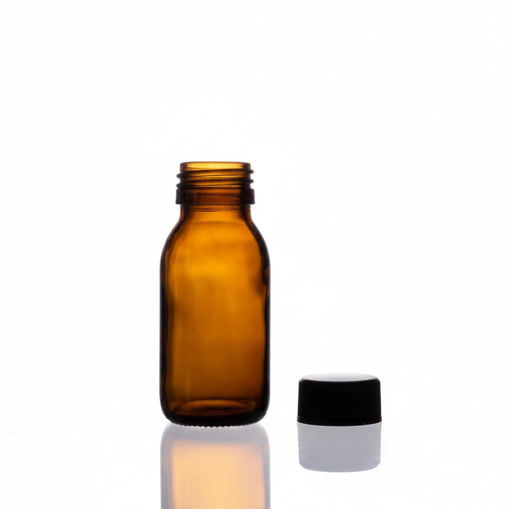 Envase de vidrio ámbar 60ml con tapa plástica negra al lado