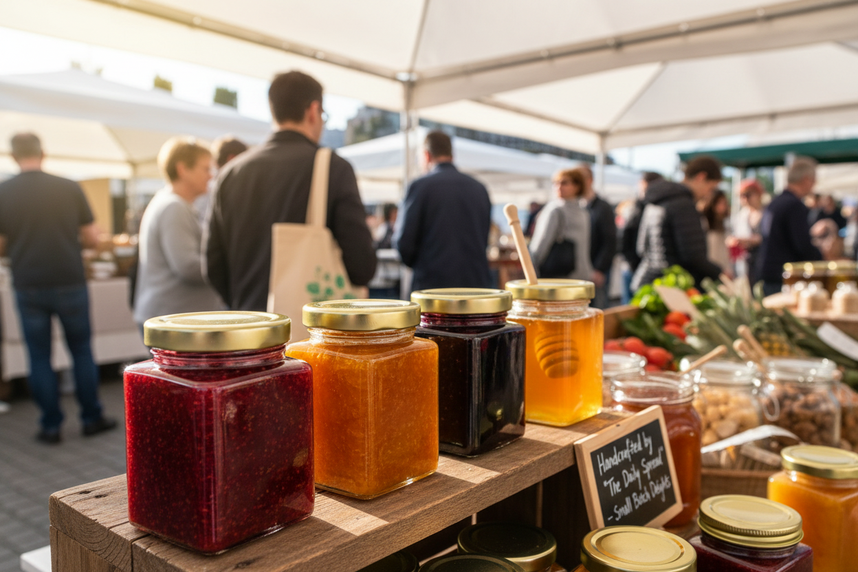 Frascos cuadrados con productos artesanales en mercado gourmet