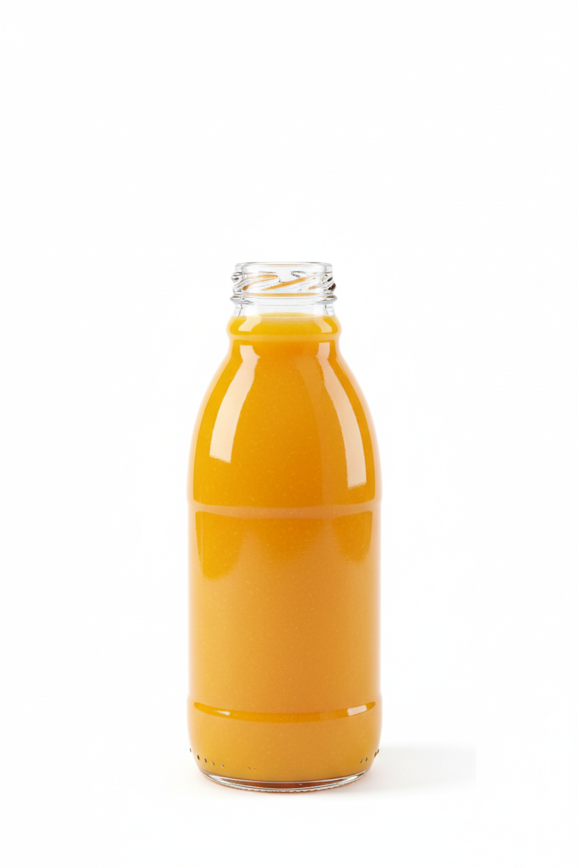 Botella de vidrio transparente 400ml llena con jugo de mango natural