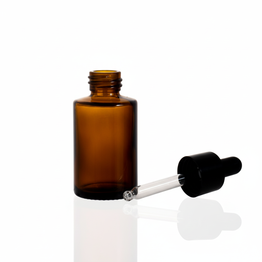 Envase de vidrio ámbar MB30FC 30ml con gotero negro 20-400 al lado