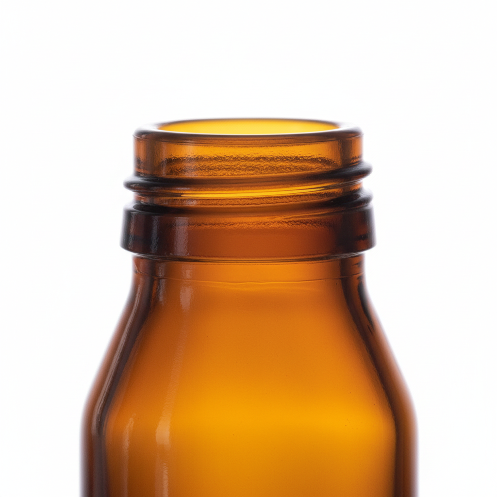 Close-up cuello MCA B.28 del envase de vidrio ámbar 30ml