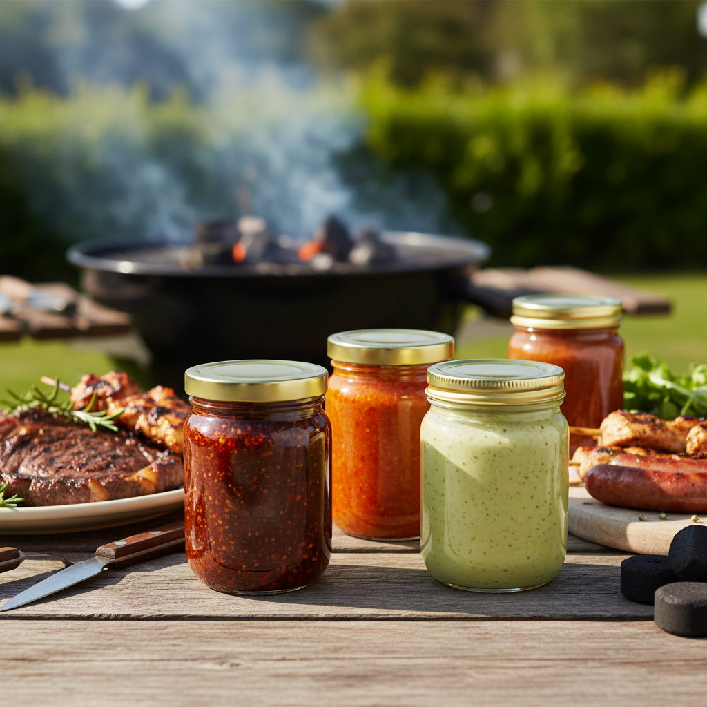 Envases de vidrio 370ml en mesa de asado con salsas artesanales