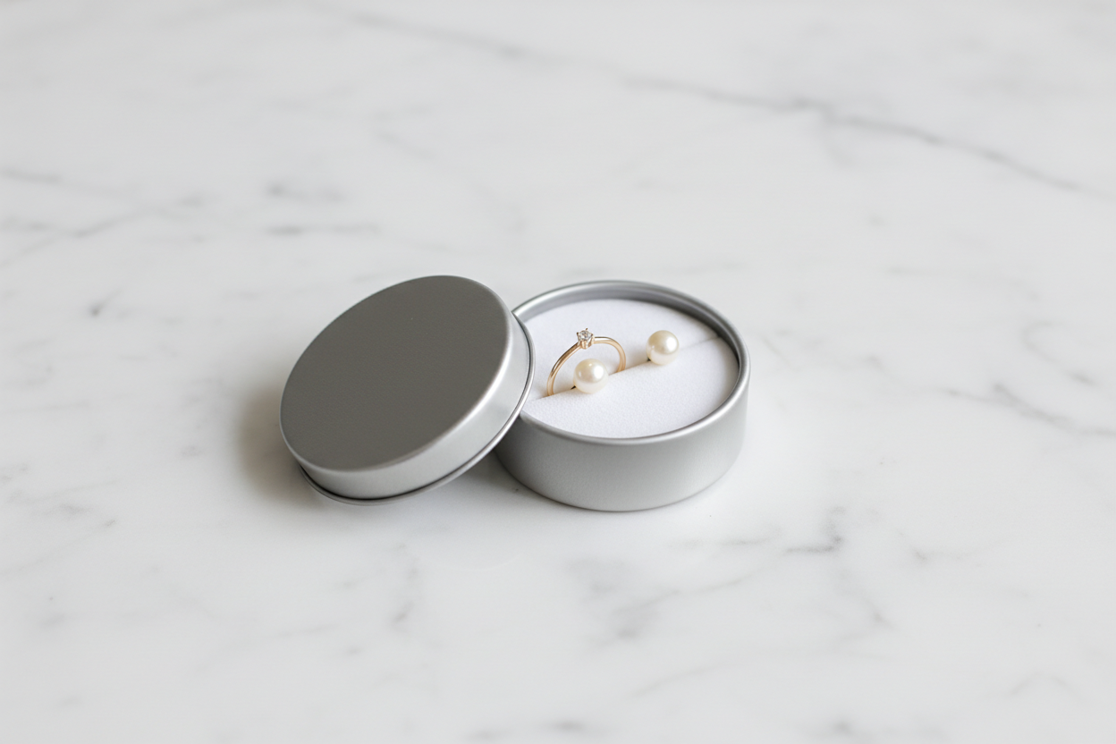 Caja metálica mini plateada abierta con anillo dorado y aretes de perla sobre inserto de terciopelo blanco