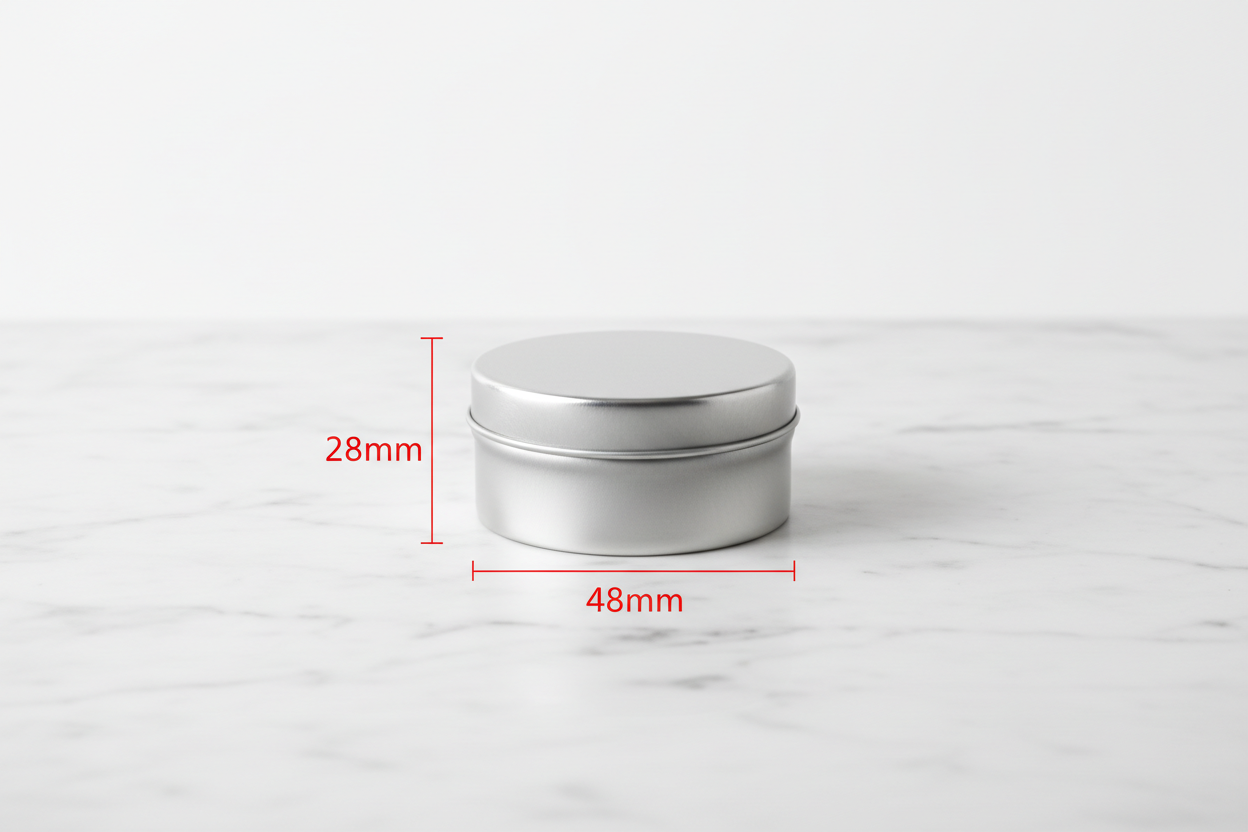 Caja metálica mini 48mm diámetro x 28mm alto con guías de medidas externas en rojo — dimensiones exactas