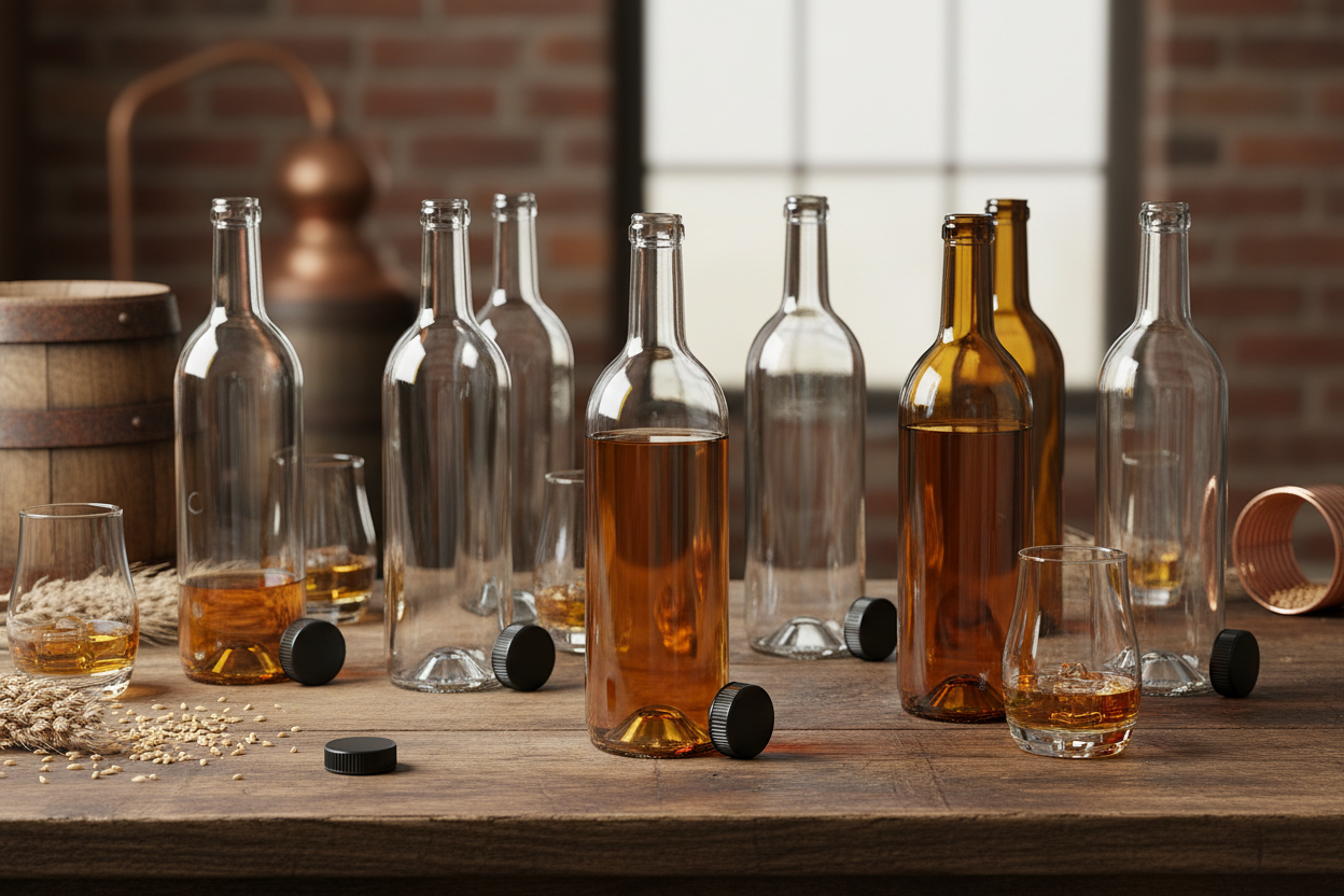 Botellas de vidrio 2312 750ml flint y ámbar en contexto lifestyle destilería artesanal