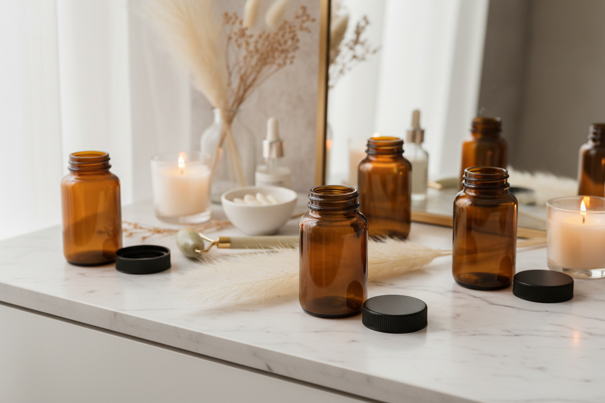 Envases de vidrio ámbar MB120R 120ml en contexto lifestyle cosmético con velas y flores