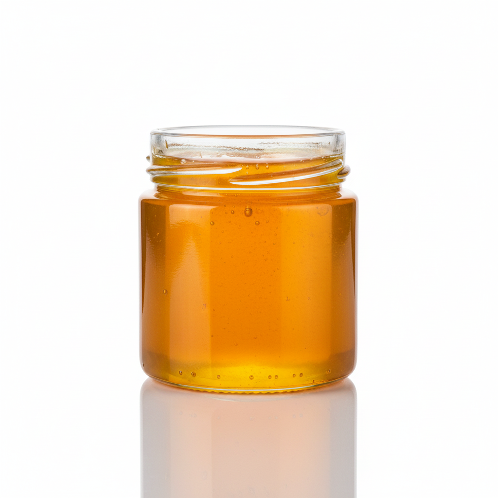 Envase de vidrio Flint 212ml boca ancha con miel dorada mostrando transparencia del vidrio