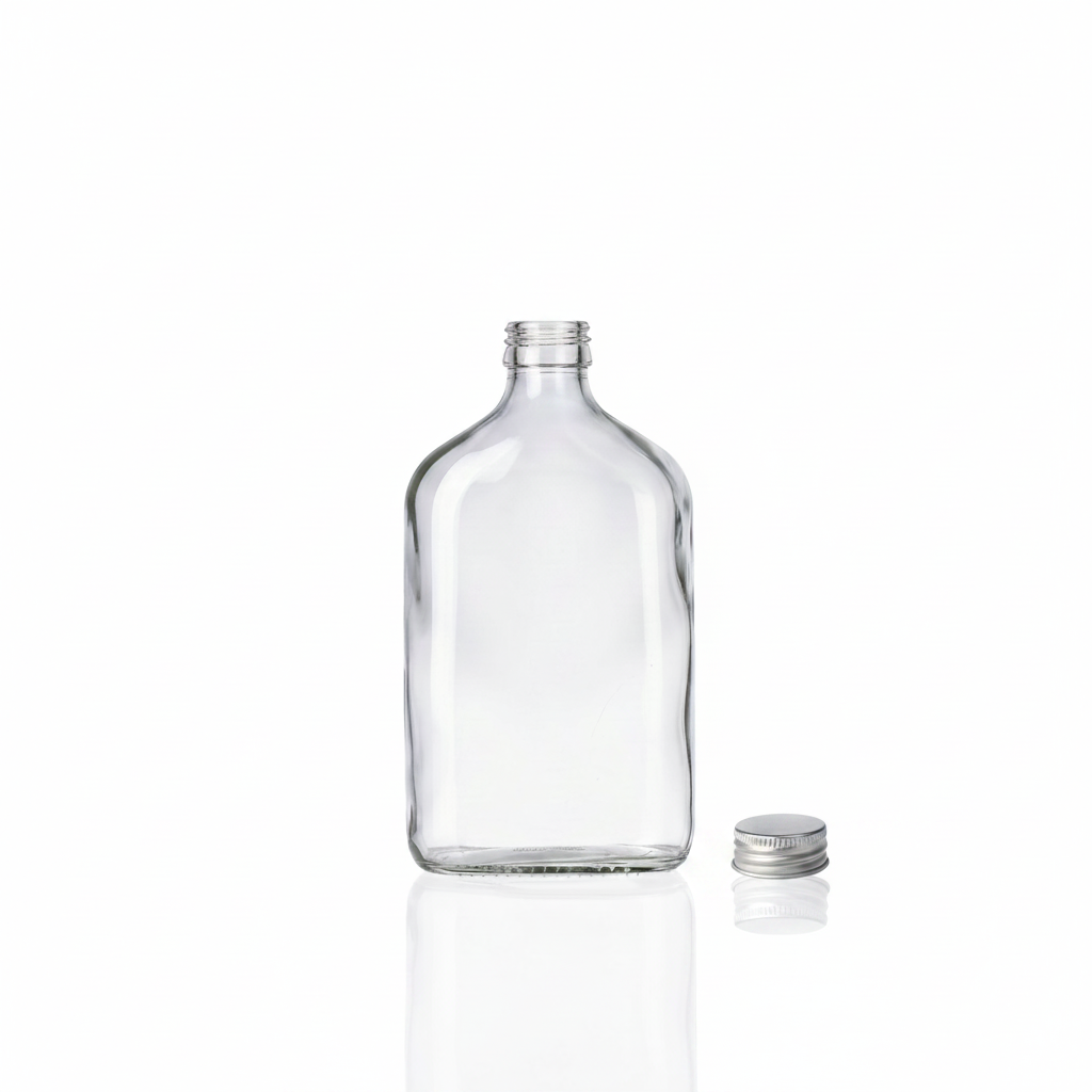 Botella flint 350cc sin tapa con tapa metálica plateada a un lado