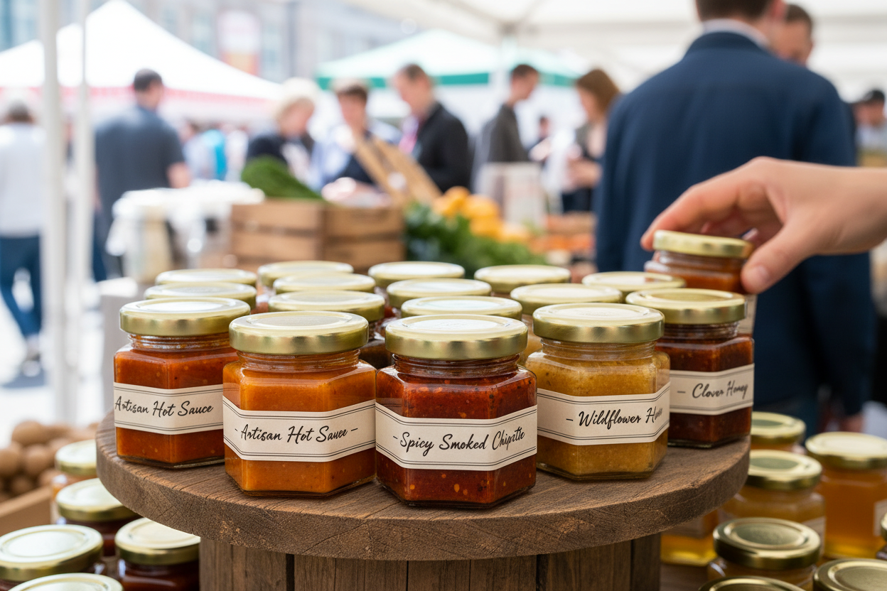 Frascos hexagonales pequeños con productos gourmet en mercado