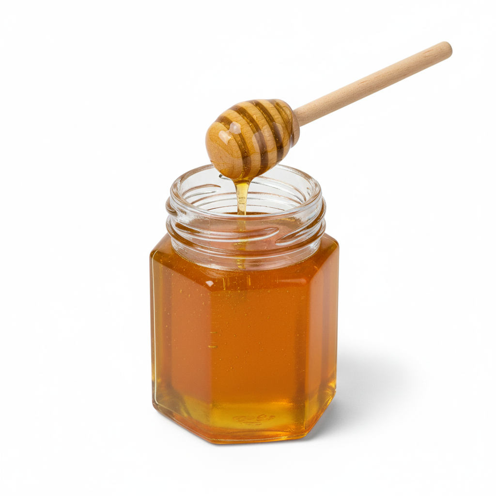 Frasco hexagonal 80ml con miel mostrando uso final