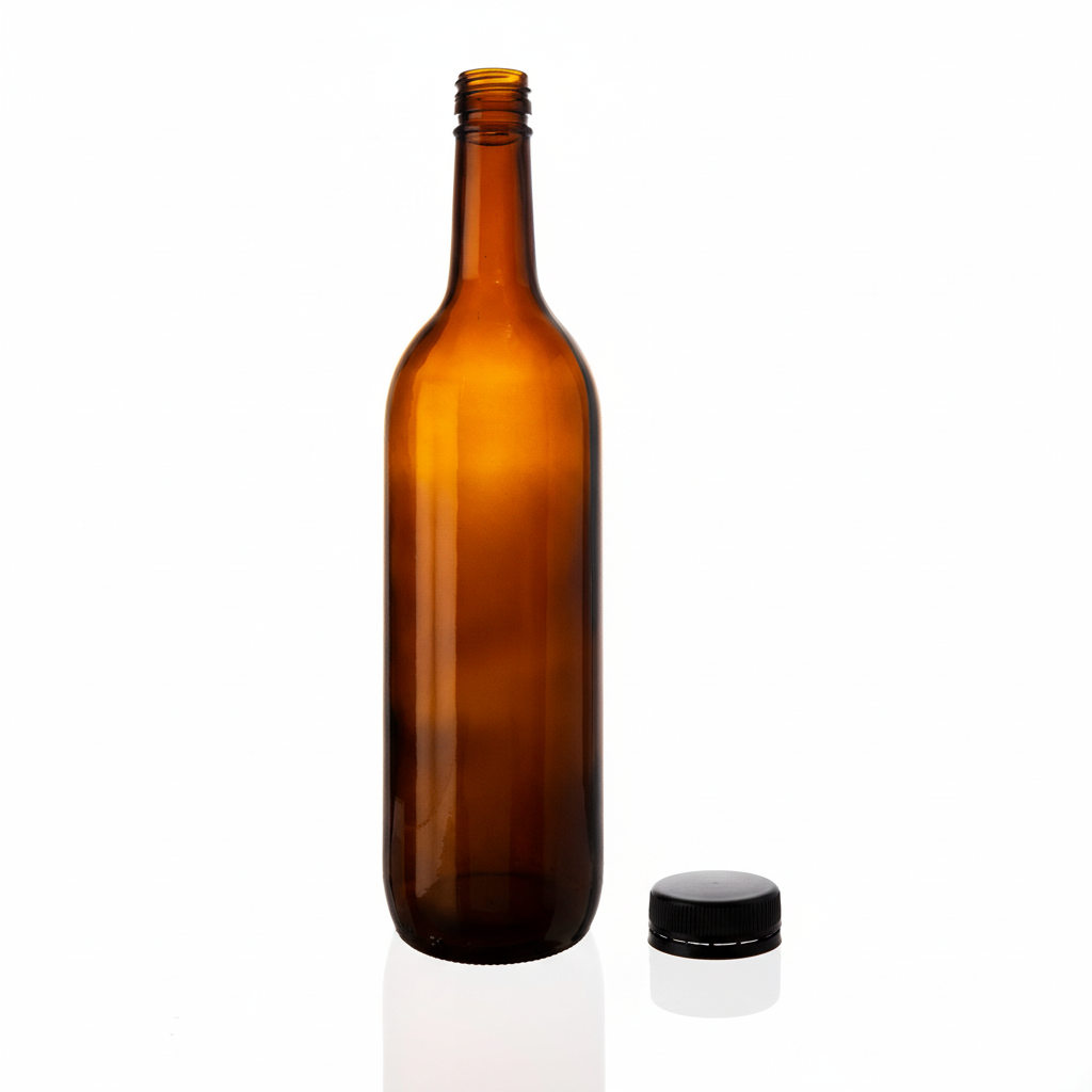 Botella de vidrio ámbar 2312 750ml con tapa plástica negra al lado
